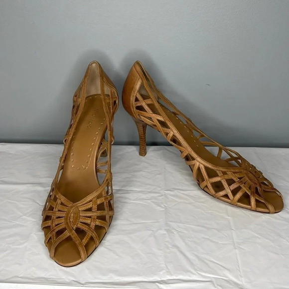 Maripe Rio Peep Toe Leather Shoes Tan Cutout Crossover Heels Retro Summer 11 - Picture 13 of 13